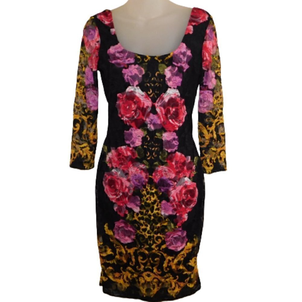 VENUS Sexy Lace Floral Dress Stretch BodyCon Sheer Sleeve sz S